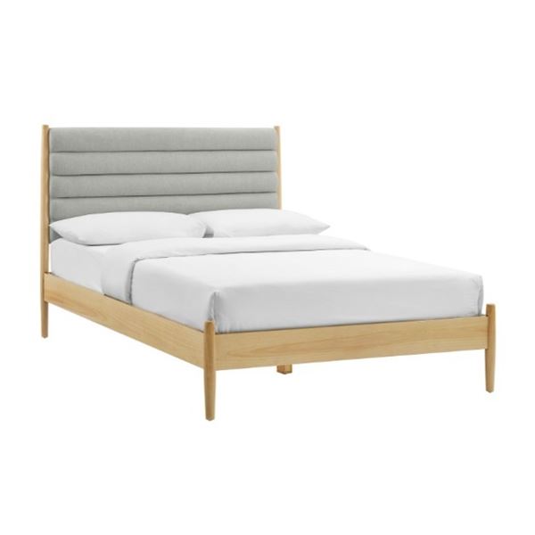 CAMILLE TRANSITIONAL QUEENSIZE PLATFORM BEDFRAME - LIGHT WOOD/ GREY, RETAIL $799