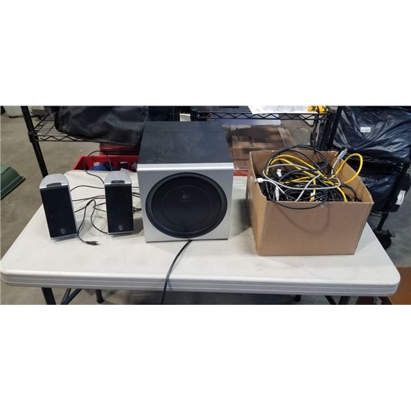 LOGITECH COMPUTER SPEAKERS WITH SUB AND ASSORTED CABLES