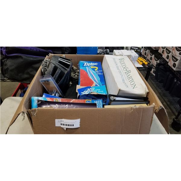 LARGE BOX OF ASSORTED HOUSEHOLD ITEMS, ZIPLOCK BAGS, BIKE HELMET AND MORE