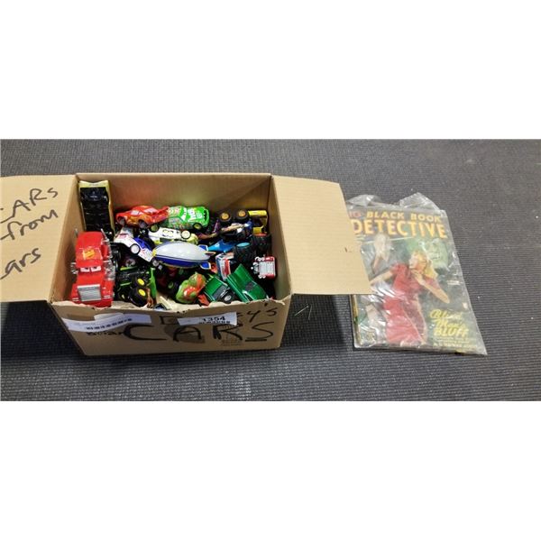 ASSORTED VINTAGE DISNEY AND HOT WHEELS CARS, AND BLACK BOOK DETECTIVE VINTAGE COMIC