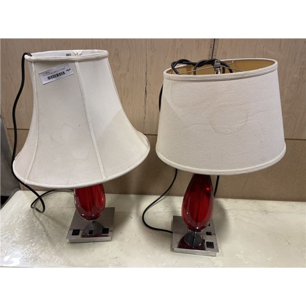 2 RED GLASS TABLE LAMPS WITH POWER OUTLETS