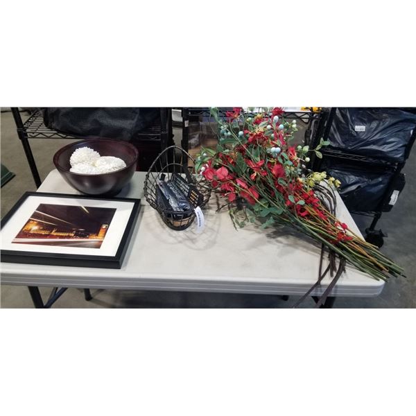 DECORATIVE BOWL, BASKET WITH REMOTES, FRAMED PICTURE AND PLANT BRANCHES