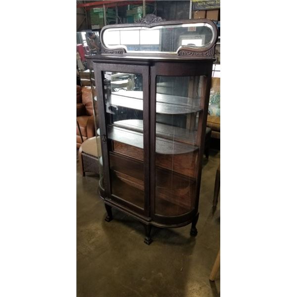 MID CENTURY CLAW FOOT BOWED GLASS DISPLAY CABINET WITH GALLERY