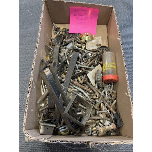 LOT OF ANTIQUE SCREWS AND HANDLE PARTS