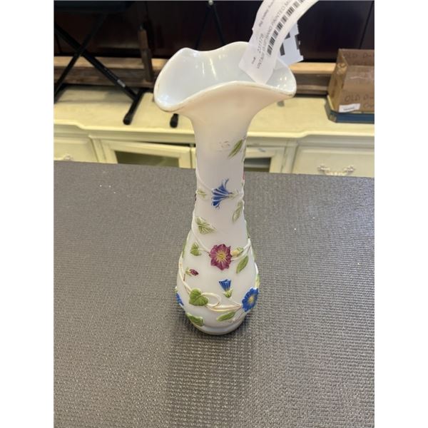 VINTAGE 13-1/2" HAND PAINTED MILK GLASS VASE