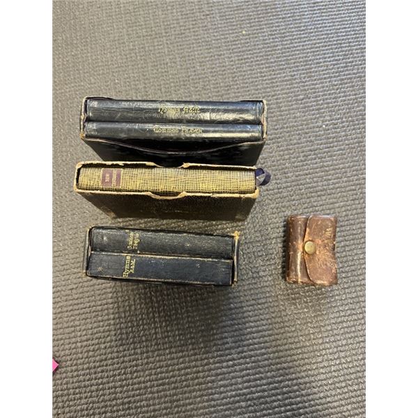 2" VINTAGE LEATHER BOUND WEBSTERS DICTIONARY AND 5 LEATHER BOUND VOLUMES OF PRAYER/HYMNALS