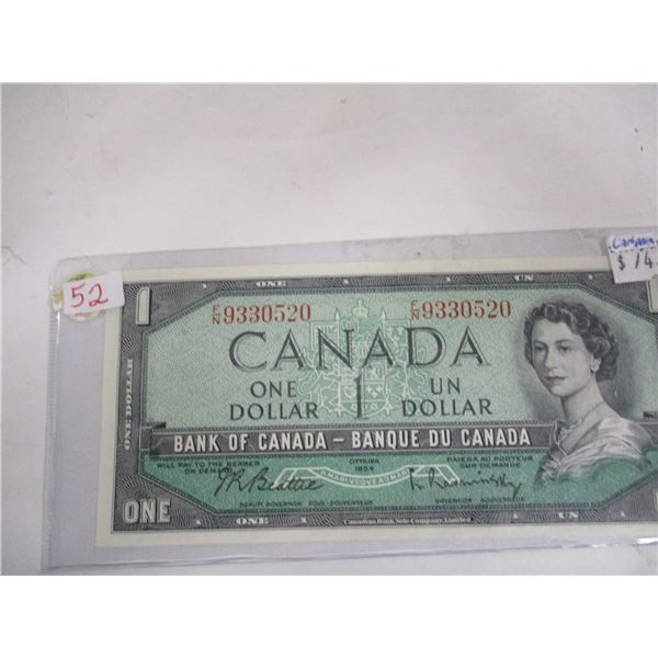 1954 CRISP UNCIRCULATED LAST OF CANADA $1 BILL