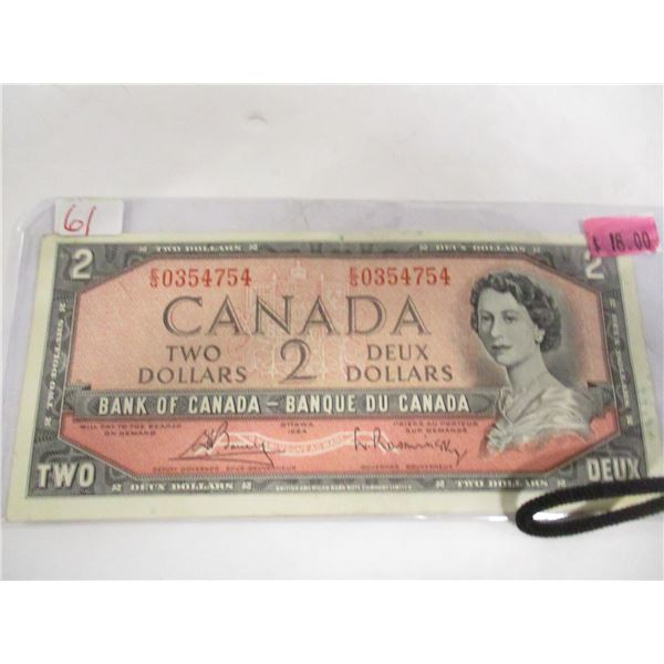 1954 MODIFIED HAIR DOO LEGAL TENDER CANADA $2 BILL
