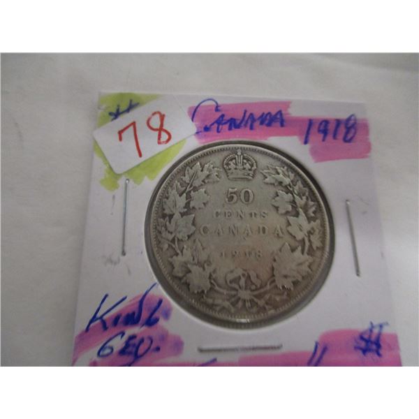 1918 CANADA KING GEORGE V SILVER HALF DOLLAR