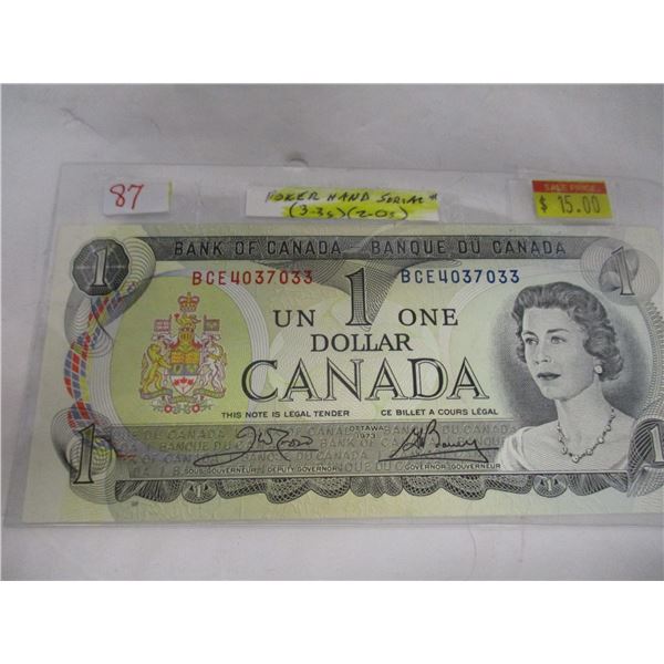 1973 CANADA POKER HAND SERIAL NUMBER (3-3'S &2-0'S) $1 BILL