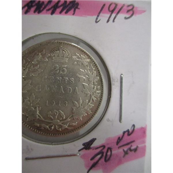 1913 FINE CANADA KING GEORGE V SILVER QUARTER