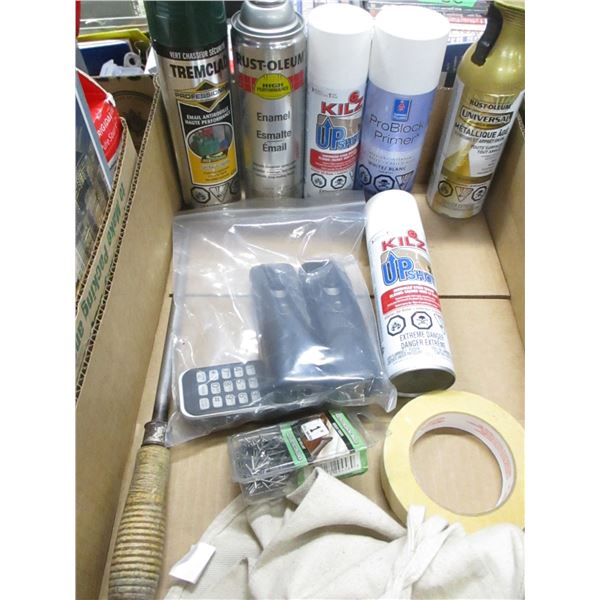 BOX C/W LIGHT BULBS, PAINT, ROOFING NAILS, TAPE DISPENSER, ETC