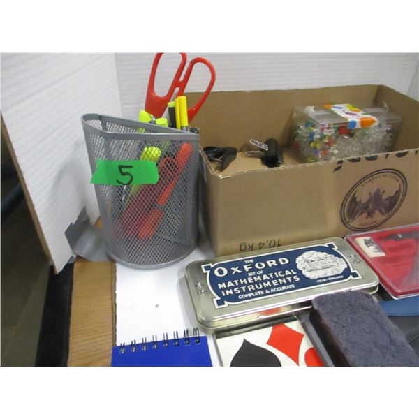 BOX C/W OFFICE SUPPLIES, STAPLER, PINS, MATHEMATICAL SETS, ETC