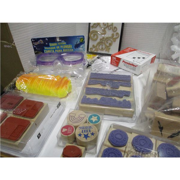 BOX C/W STAMP KIT, PUZZLES, SWIM GOGGLES, ETC