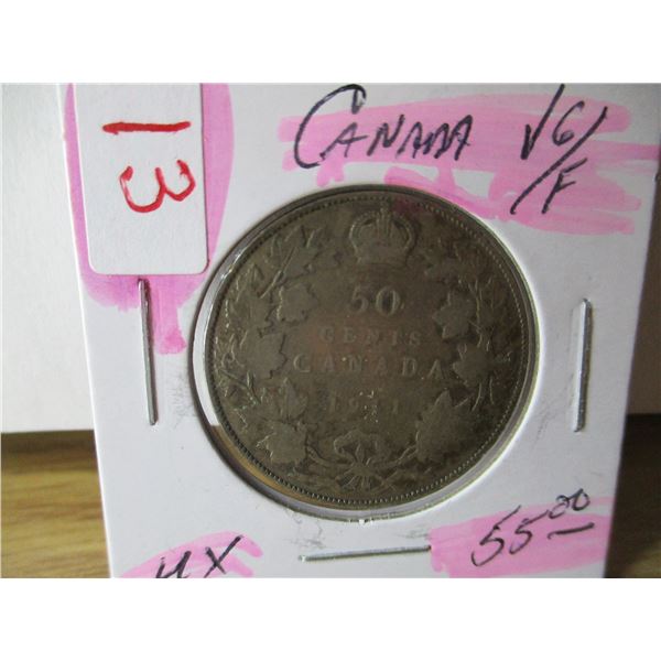 1911 VG/F KING GEORGE V SILVER HALF DOLLAR