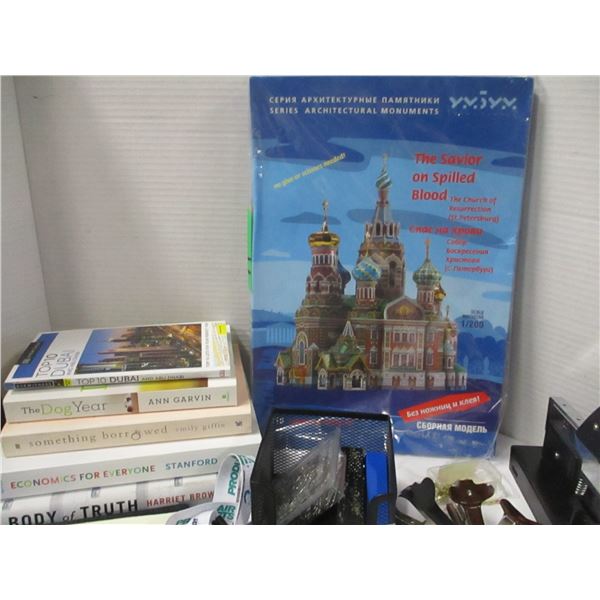 FLAT C/W BOOKS, OFFICE SUPPLIES, STAPLER, ETC