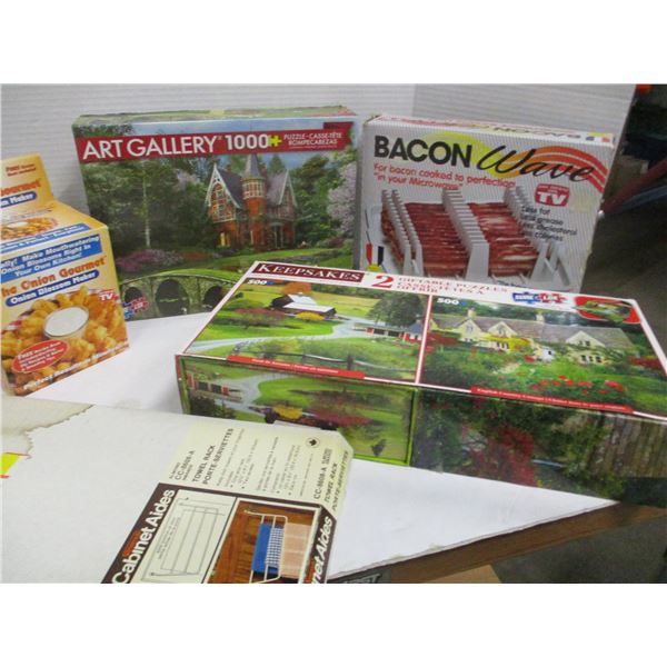 FLAT C/W PUZZLES, MICROWAVABLE BACON TRAY, ONION BLOSSOM MAKER, ETC