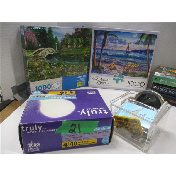 FLAT C/W BOOKS, LIGHT BULBS, PUZZLES, DVD'S, ETC