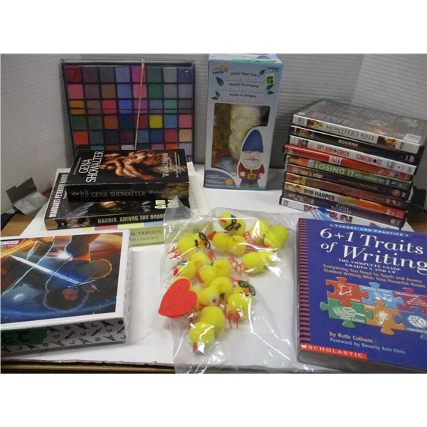 FLAT C/W GARDEN KNOME, DVD'S, STAMPS, BOOKS, ETC