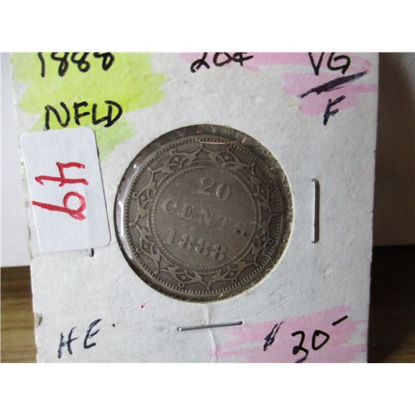1888 VICTORIAN NEWFOUNDLAND SILVER 20 CENT