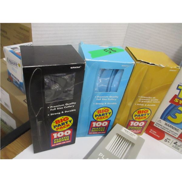 FLAT C/W PLASTIC CUTLERY, BOOKS, CANDLE HOLDERS, ETC