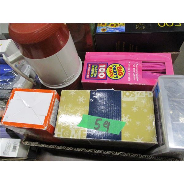 FLAT C/W PLASTIC CUTLERY, THERMOS, ETC