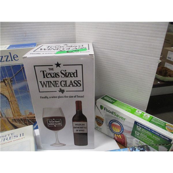 FLAT C/W WINE GLASSES, PUZZLES, PAINT, ETC