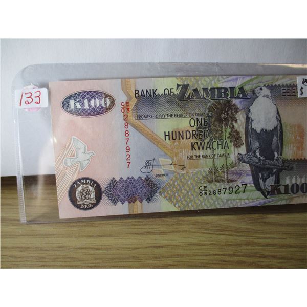 BANK OF ZAMBIA UNCIRCULATED 100 KWACHA BANK NOTE