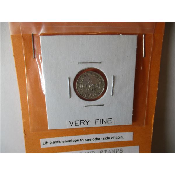 1945 NEWFOUNDLAND SILVER 5 CENT & STAMP SET (OVER 60 YEARS OLD)