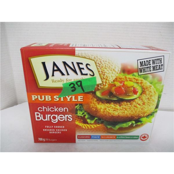 FROZEN:  JANES FULLY COOKED CHICKEN BURGERS (700G) - BOX