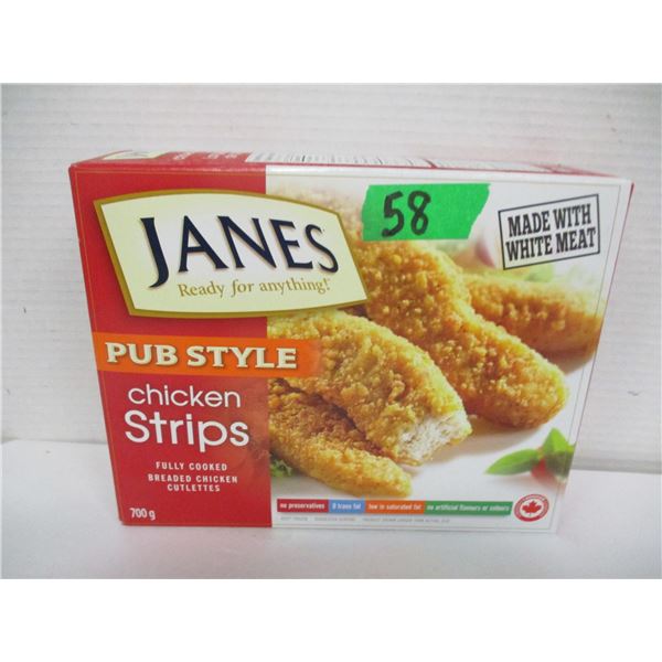 FROZEN:  JANES FULLY COOKED CHICKEN STRIPS (700G) - BOX