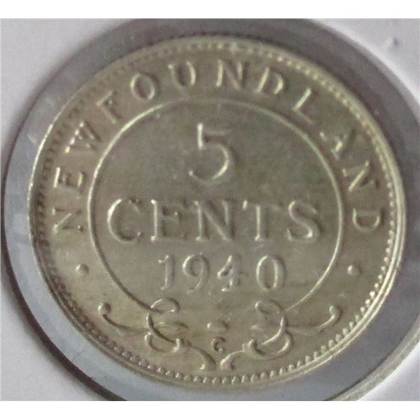 1940 "C" AU NEWFOUNDLAND SILVER FIVE CENT