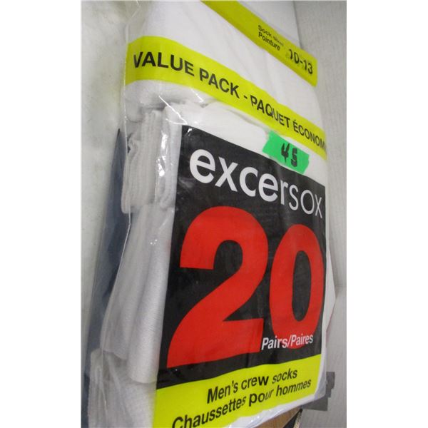 NEW:  MEN'S WHITE CREW SOCKS (SIZE 10 - 13) (20 PAIR) - PACKAGE