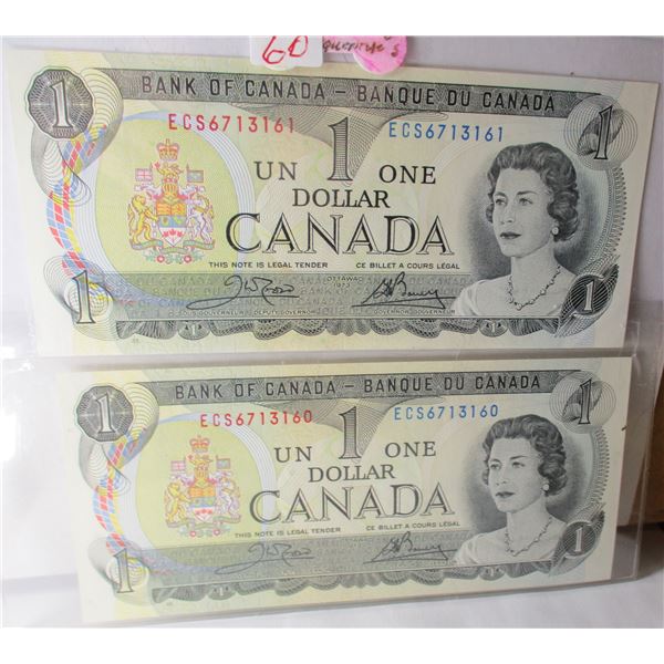 1973 UNCIRCULATED SEQUENTIAL SERIAL NUMBER CANADA $1 BILLS