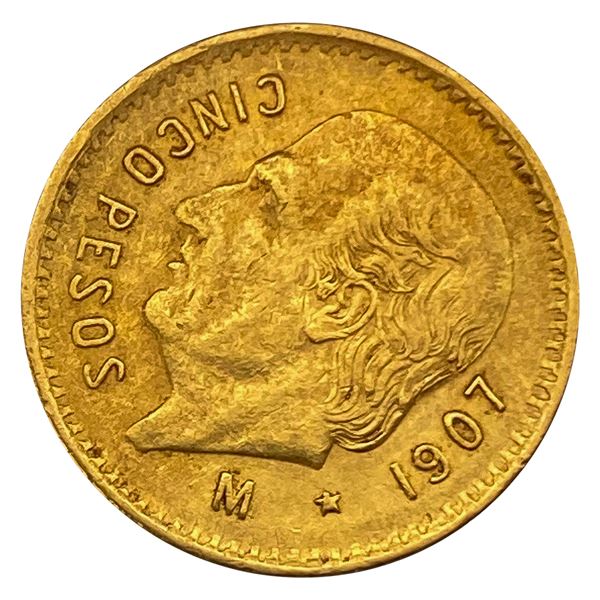 1907 Mexico Gold Cinco Pesos, .1206 oz agw