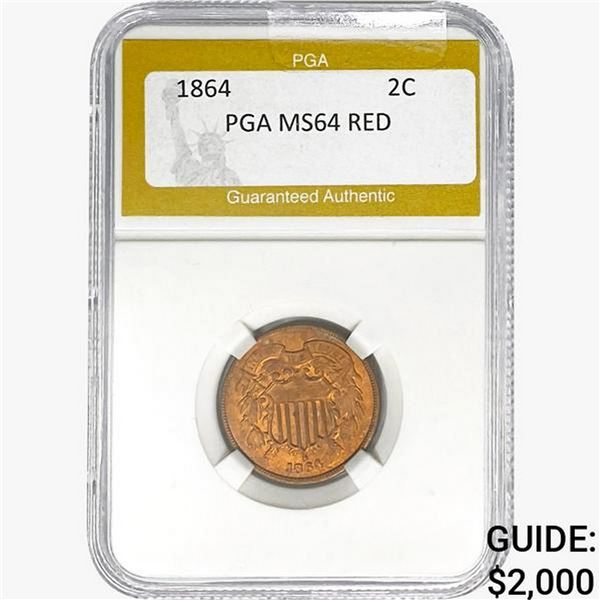 1864 Two Cent Piece PGA MS64 RED