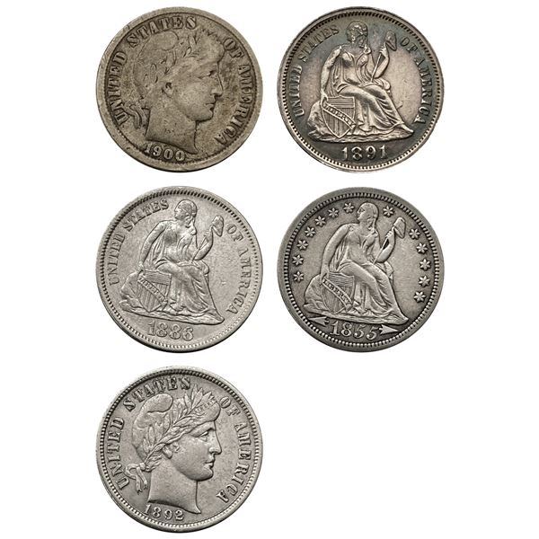 1855-1900 [5] U.S. Silver Dime Type Lot