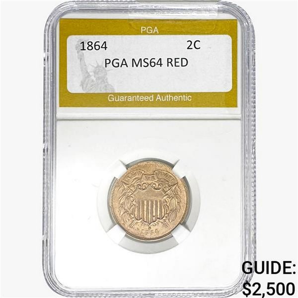 1864 Two Cent Piece PGA MS64 RED