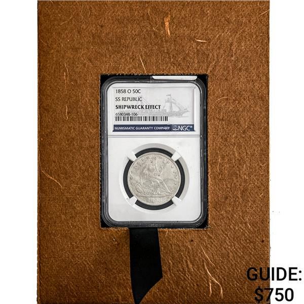 1858-O Seat Lib. 50C Shipwreck SS Republic w/ Box NGC