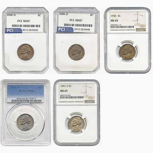 1941-1955 Gem BU Jefferson Nickel Lot [5 Coins] PCGS/NGC MS65/67