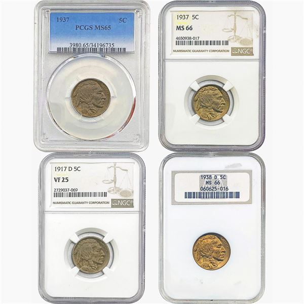 1917-1938 Gem BU/ Better Date Buffalo Nickel Lot [4 Coins] PCGS/NGC VF/MS25/65-66