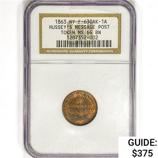 1863 NY Token F-630AK-1A NGC MS64 BN