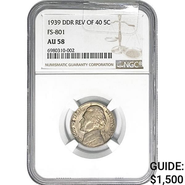 1939 DDR REV OF 40 Jefferson Nickel NGC AU58 FS801