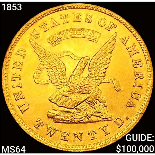 1853 "900" Thous $20 Gold Assay CHOICE BU
