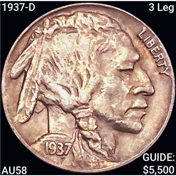 1937-D 3 Leg Buffalo Nickel CHOICE AU