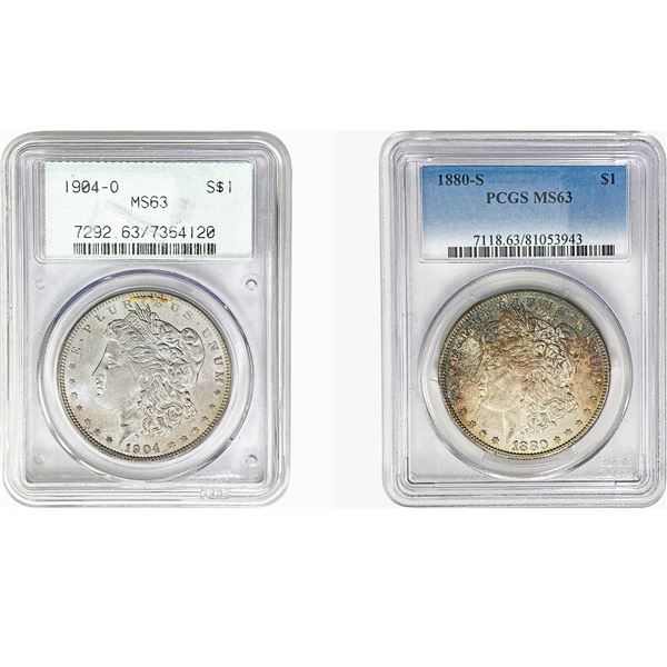 1880-S, 1904-O Morgan Silver Dollar Lot [2 Coins] PCGS MS63