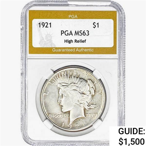 1921 Silver Peace Dollar PGA MS63 High Relief