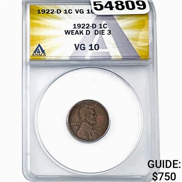 1922-D Wheat Cent ANACS VG10 Weak D Die 3