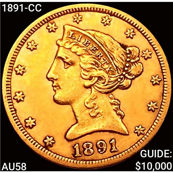 1891-CC $5 Gold Half Eagle CHOICE AU