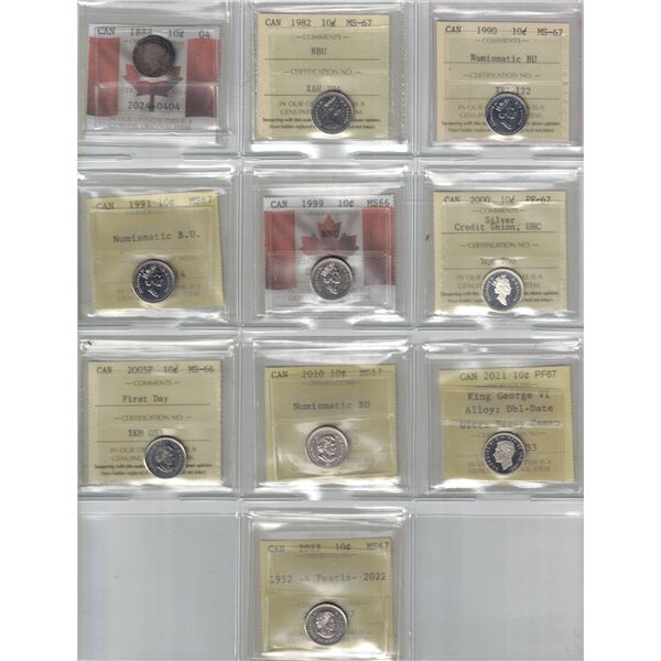 ICCS, PCCS 10¢,  10 coin Lot, Professional Coin Certification System